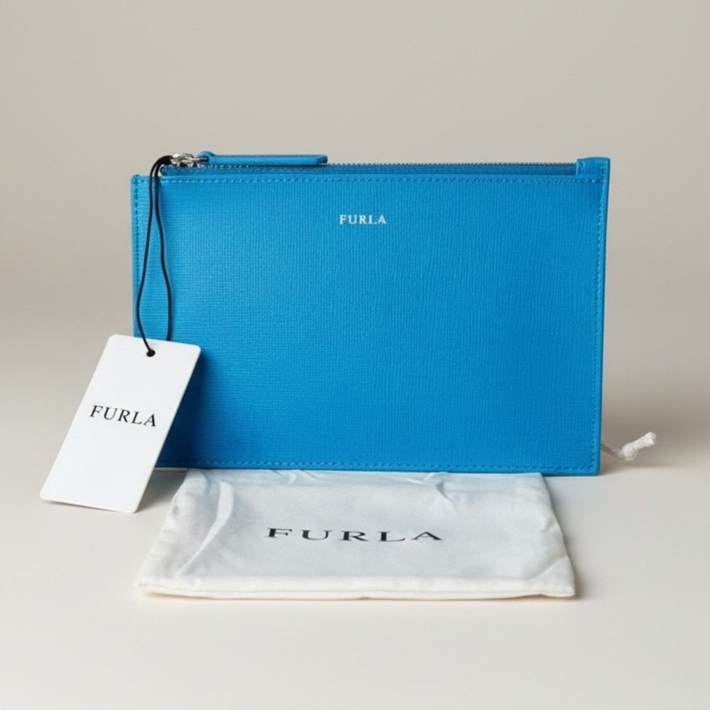 Furla Babylon Ceruleo Blue Saffiano Leather Envelope Pouch and Dust Bag